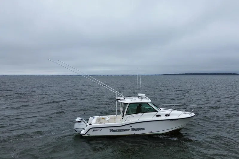 Hammer Down Yacht Photos Pics 2016 Boston Whaler 315 Conquest boat on open water under cloudy skies.
