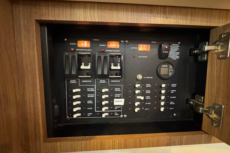 Hammer Down Yacht Photos Pics Electrical control panel on a 2016 Boston Whaler 315 Conquest boat.