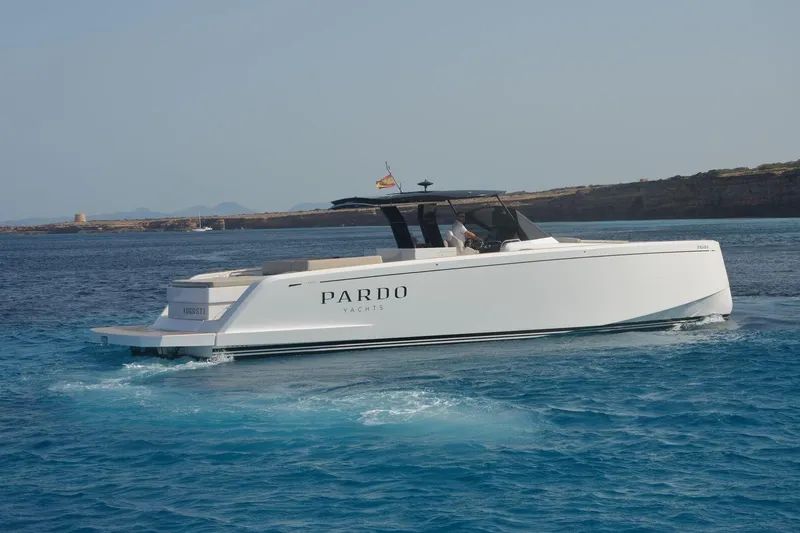 Ban Ban Yacht Photos Pics 2023 Pardo Yachts 50 cruising on blue waters, showcasing sleek design and luxury.