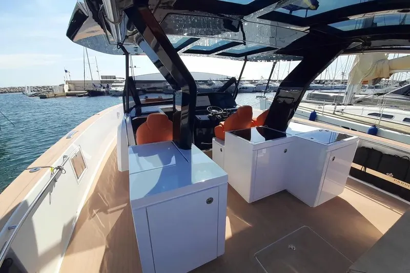 Ban Ban Yacht Photos Pics 2023 Pardo Yachts 50 interior with sleek design and modern amenities at a marina.