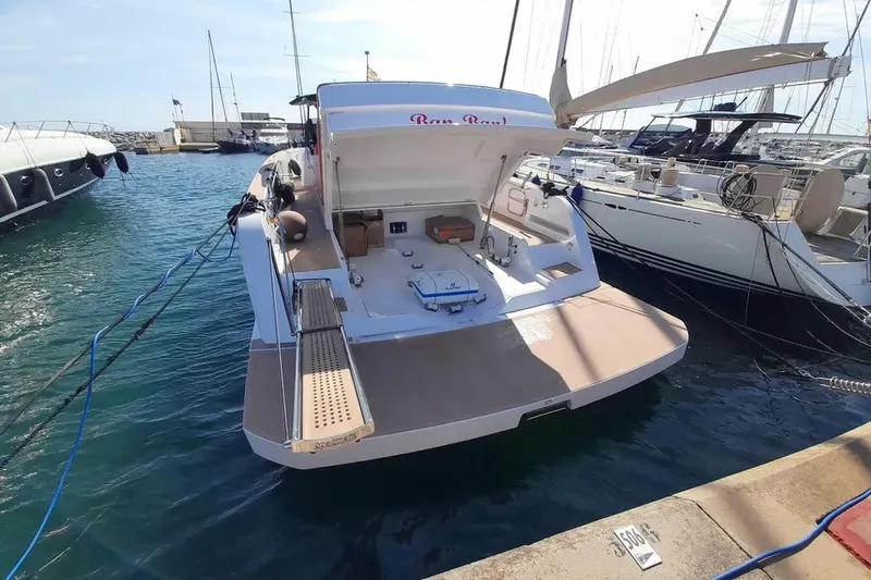 Ban Ban Yacht Photos Pics 2023 Pardo Yachts 50 docked at marina, rear view with open deck.