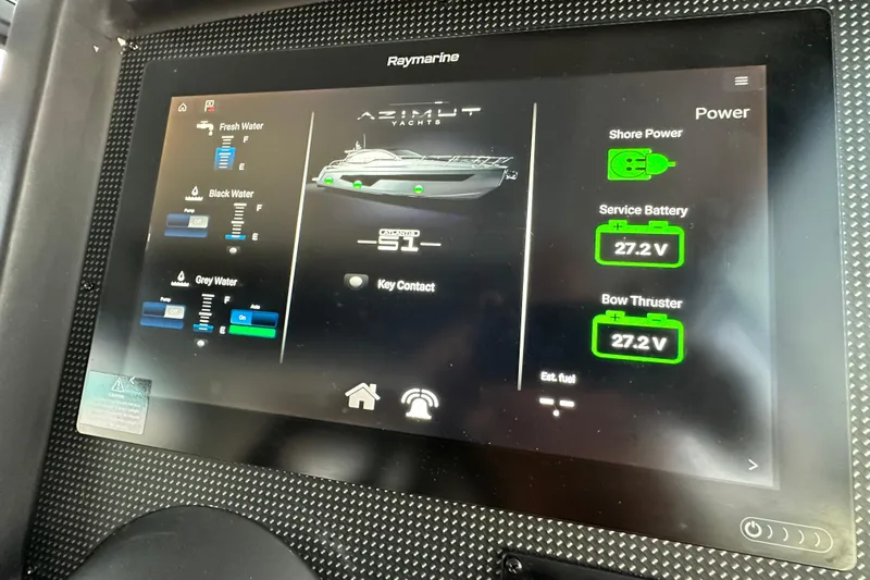 Bellisima Yacht Photos Pics Touchscreen display of a 2019 Azimut Atlantis 51 yacht showing water levels and battery status.