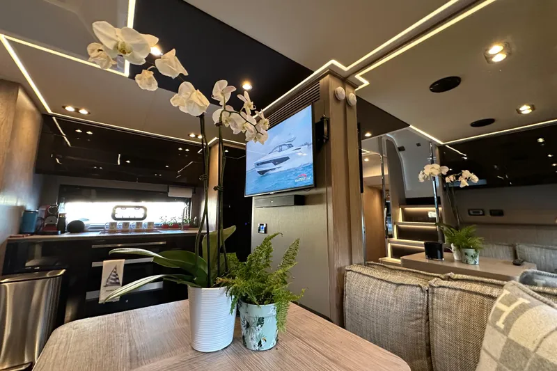 Bellisima Yacht Photos Pics Luxurious interior of 2019 Azimut Atlantis 51 yacht with modern decor and elegant lighting.