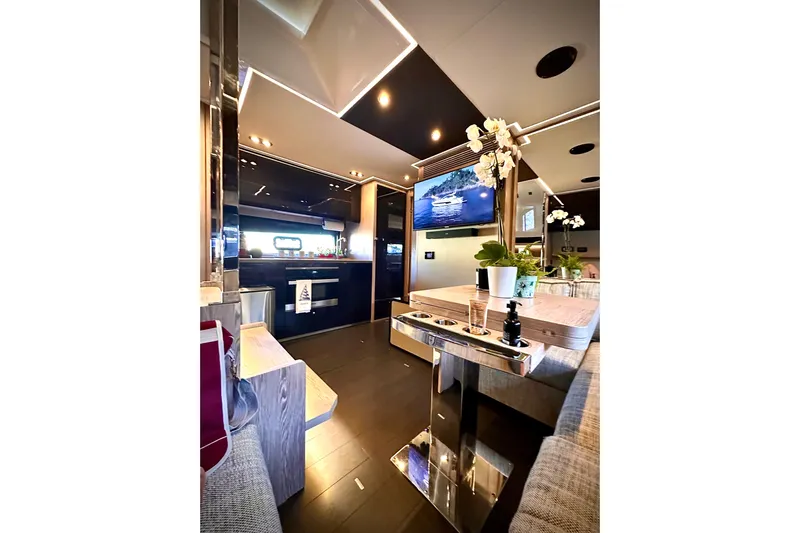 Bellisima Yacht Photos Pics Luxurious interior of 2019 Azimut Atlantis 51 yacht with modern decor and elegant furnishings.