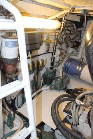 M.a.c. Daddy Yacht Photos Pics Engine room of 2005 Custom DeSanti Carolina Express boat with visible machinery and pipes.