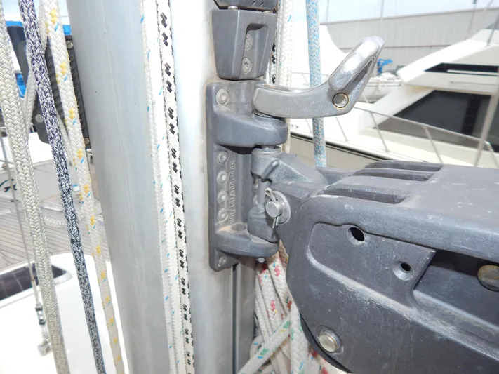  Yacht Photos Pics Close-up of rigging hardware on a 1999 Oyster 42 Aft Cockpit Deck Saloon sailboat.