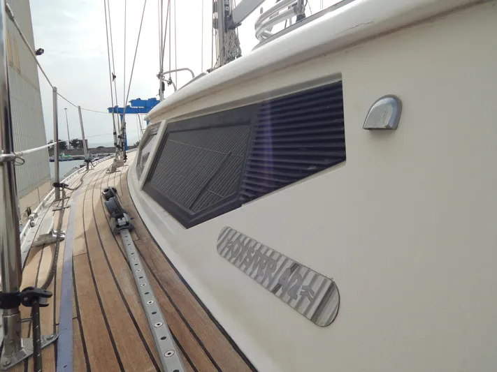  Yacht Photos Pics Oyster 42 Aft Cockpit Deck Saloon, 1999, teak deck, side view.