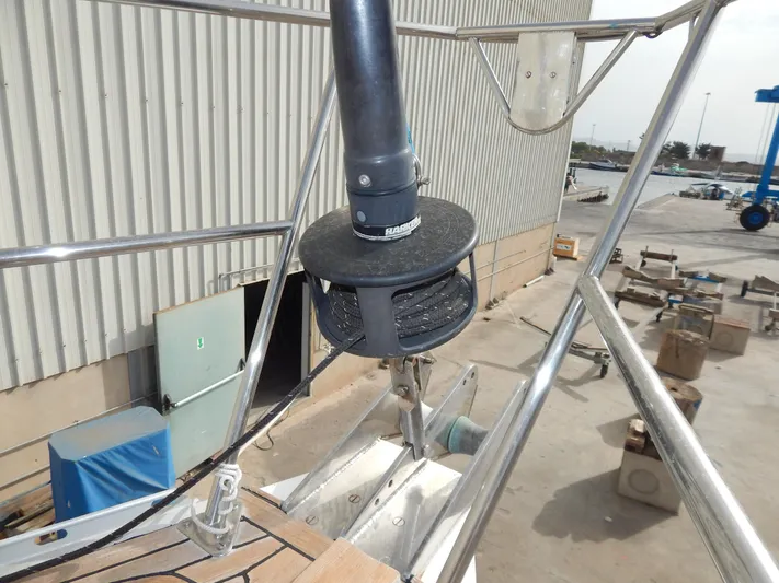  Yacht Photos Pics Oyster 42 Aft Cockpit Deck Saloon, 1999, sailboat deck detail with furling system.