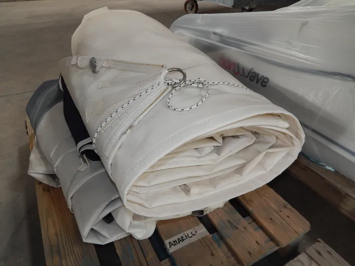  Yacht Photos Pics Rolled sail on wooden pallet, suitable for Oyster 42 Aft Cockpit Deck Saloon, 1999 model.