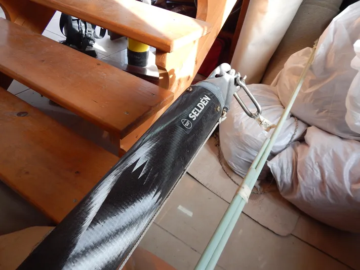  Yacht Photos Pics Selden boom on Oyster 42 Aft Cockpit Deck Saloon, 1999, near wooden stairs.