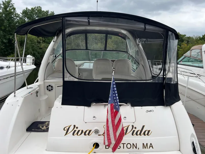 Viva La Vida Yacht Photos Pics 2006 Sea Ray 340 Sundancer boat with canopy, American flag, and "Viva La Vida" text.