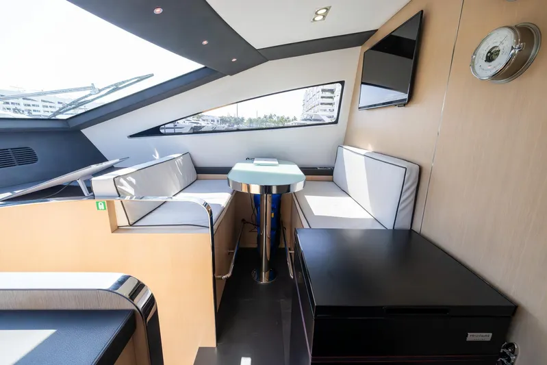 Sea Metri V Yacht Photos Pics Luxurious interior of 2017 Amer 94 yacht with modern seating and sleek design.