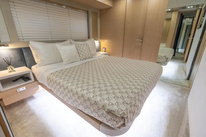 Sea Metri V Yacht Photos Pics Luxurious bedroom interior in 2017 Amer 94 yacht with modern design and ambient lighting.