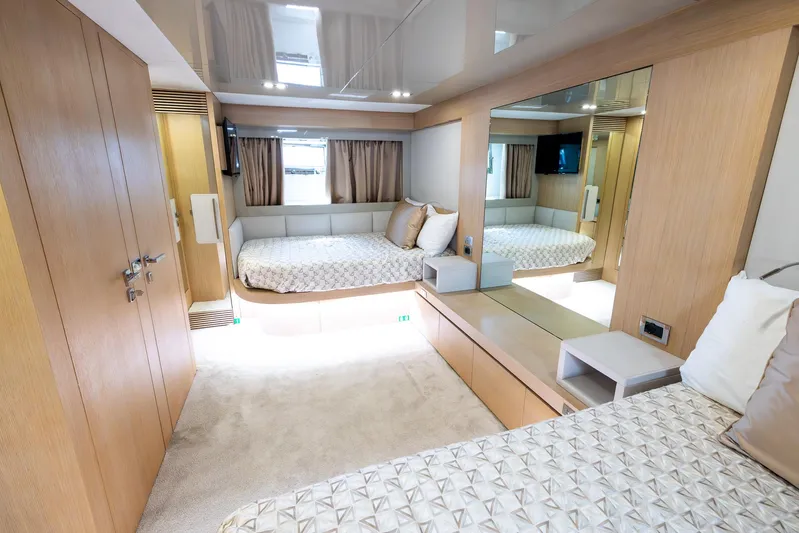 Sea Metri V Yacht Photos Pics Luxurious Amer 94 yacht bedroom interior, 2017 model, featuring modern design and elegant furnishings.