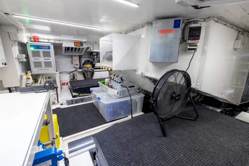 Sea Metri V Yacht Photos Pics Modern engine room of 2017 Amer 94 yacht with equipment and storage.