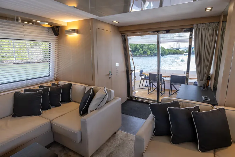 Sea Metri V Yacht Photos Pics Luxurious 2017 Amer 94 yacht interior with elegant seating and scenic water view.