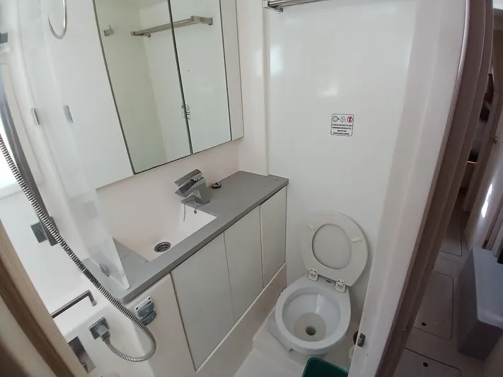 Sail La Vie Yacht Photos Pics Modern bathroom in 2019 Leopard 45 yacht with toilet and sink.