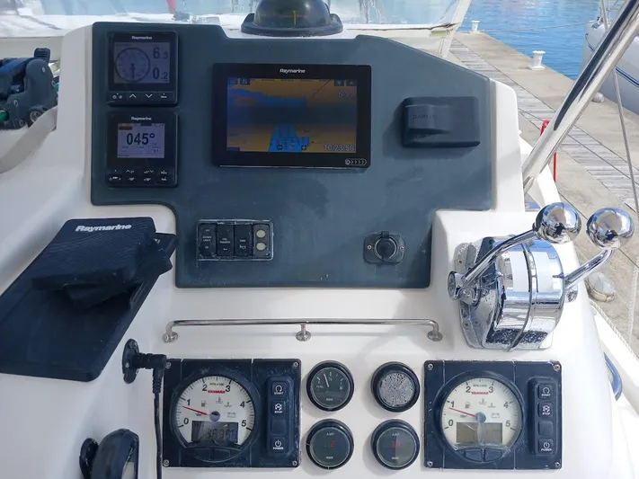 Sail La Vie Yacht Photos Pics Leopard 45 yacht control panel with navigation and engine gauges, 2019 model.