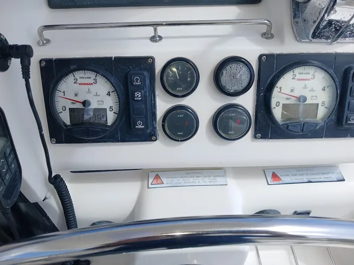 Sail La Vie Yacht Photos Pics Control panel of a 2019 Leopard 45 yacht with gauges and dials.