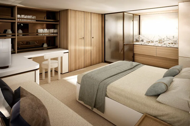  Yacht Photos Pics Luxurious bedroom interior of 2026 Azimut Seadeck 9 yacht, featuring modern design and elegant furnishings.
