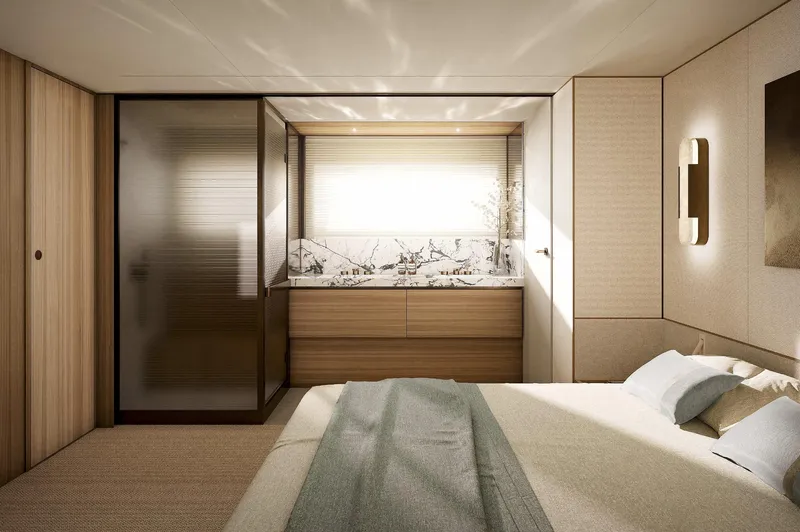  Yacht Photos Pics Luxurious interior of 2026 Azimut Seadeck 9 yacht, featuring elegant bedroom design.