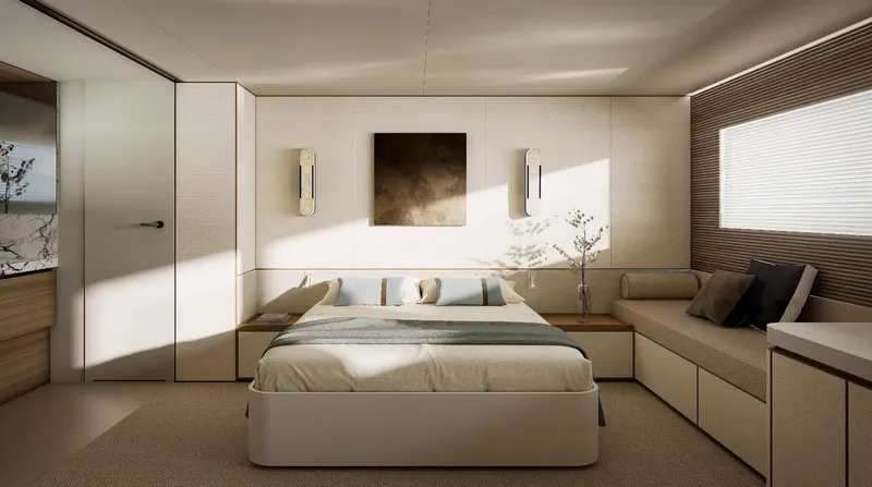  Yacht Photos Pics Luxurious bedroom interior of 2026 Azimut Seadeck 9 yacht, featuring modern design and elegant furnishings.