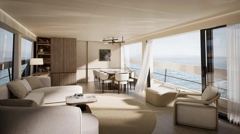  Yacht Photos Pics Luxurious interior of 2026 Azimut Seadeck 9 yacht with ocean view and elegant furnishings.