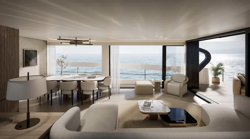  Yacht Photos Pics Luxurious interior of 2026 Azimut Seadeck 9 yacht with ocean view.