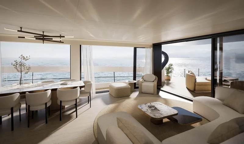  Yacht Photos Pics Luxurious interior of 2026 Azimut Seadeck 9 yacht with ocean view and elegant furnishings.