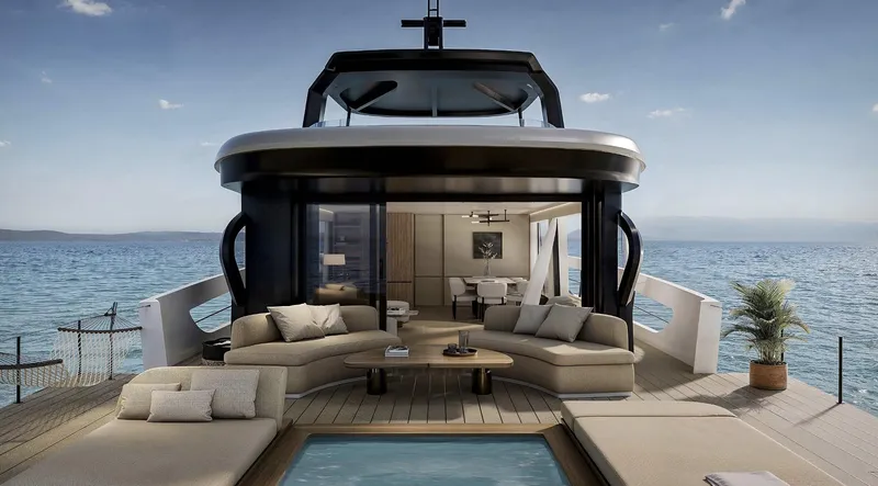  Yacht Photos Pics Luxurious Azimut Seadeck 9 yacht, 2026 model, featuring elegant outdoor seating and ocean view.