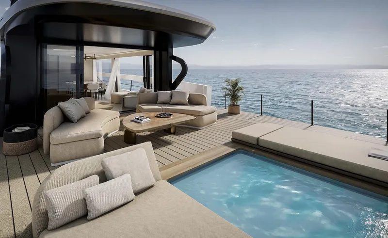  Yacht Photos Pics Luxurious Azimut Seadeck 9 yacht deck with pool, elegant seating, and ocean view, 2026 model.