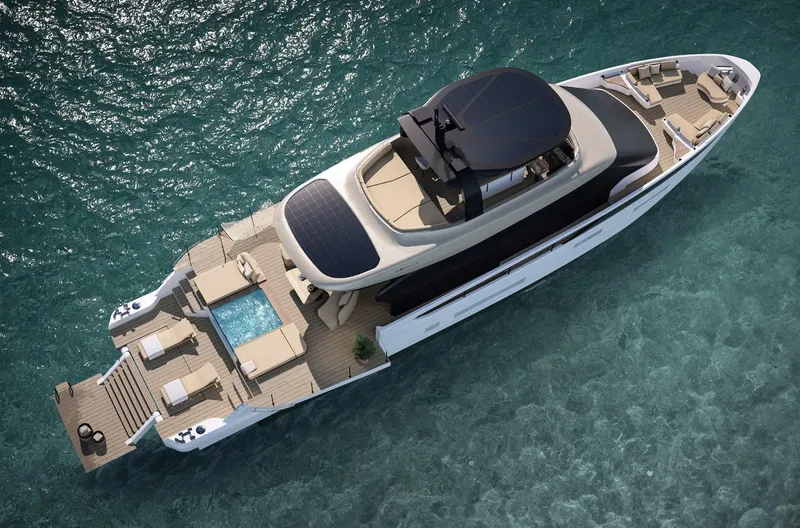  Yacht Photos Pics Azimut Seadeck 9 yacht 2026, aerial view, luxurious deck with pool, cruising on clear blue water.
