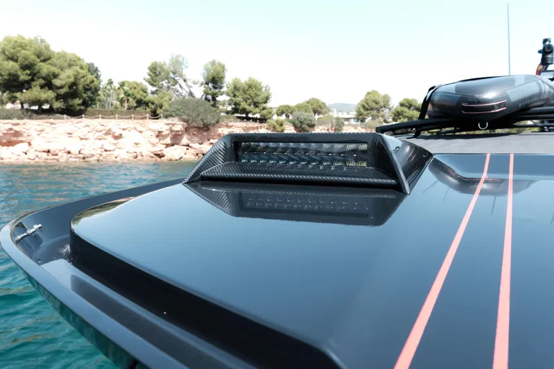 Ex Felgenhauer Yacht Photos Pics 2023 BRABUS Shadow 1200 Cross Cabin boat detail with sleek design and carbon fiber accents.