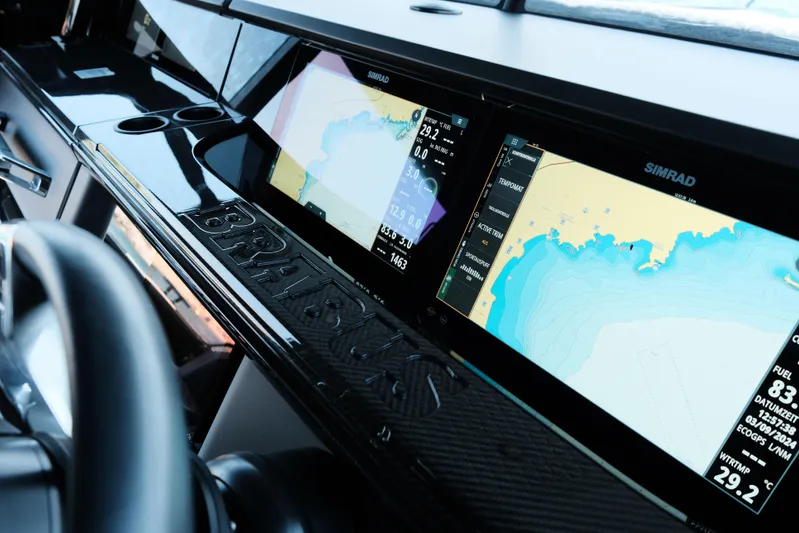 Ex Felgenhauer Yacht Photos Pics Dashboard of 2023 BRABUS Shadow 1200 Cross Cabin with navigation displays.