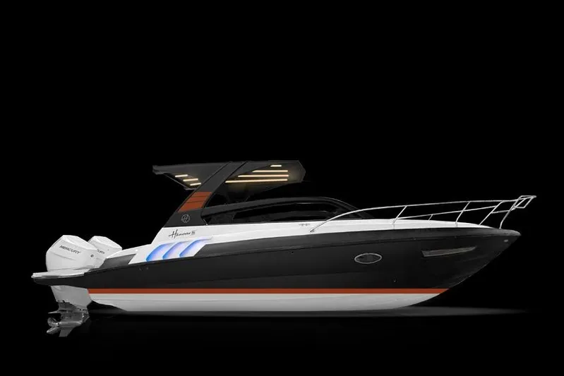  Yacht Photos Pics 2025 Hanover 305 Black & Orange Edition boat, sleek design, side view on black background.