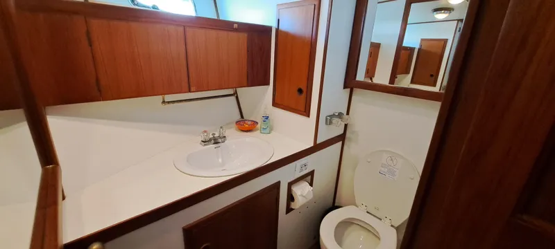 Ballena Blanca Yacht Photos Pics 1985 DeFever 44 Trawler bathroom with wooden cabinets, sink, and toilet.