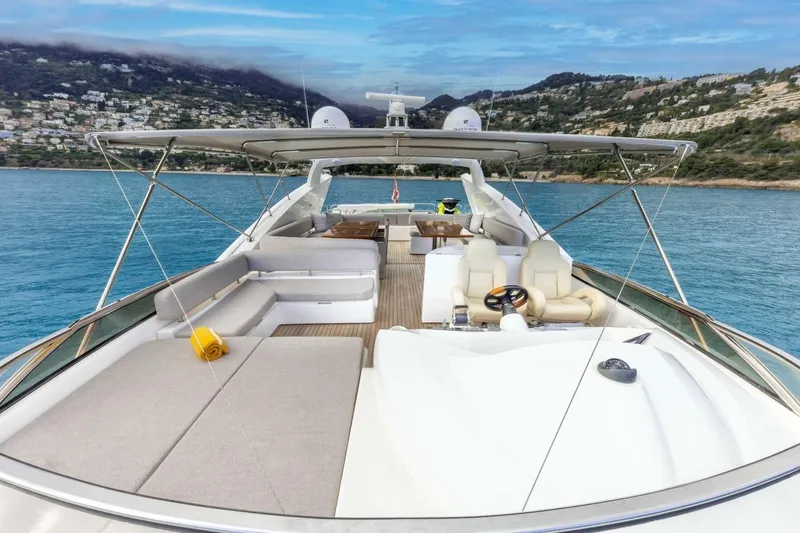 Sunseeker 90 Yacht Yacht Photos Pics Luxurious 2006 Sunseeker 90 Yacht on serene blue waters, featuring spacious deck and seating.