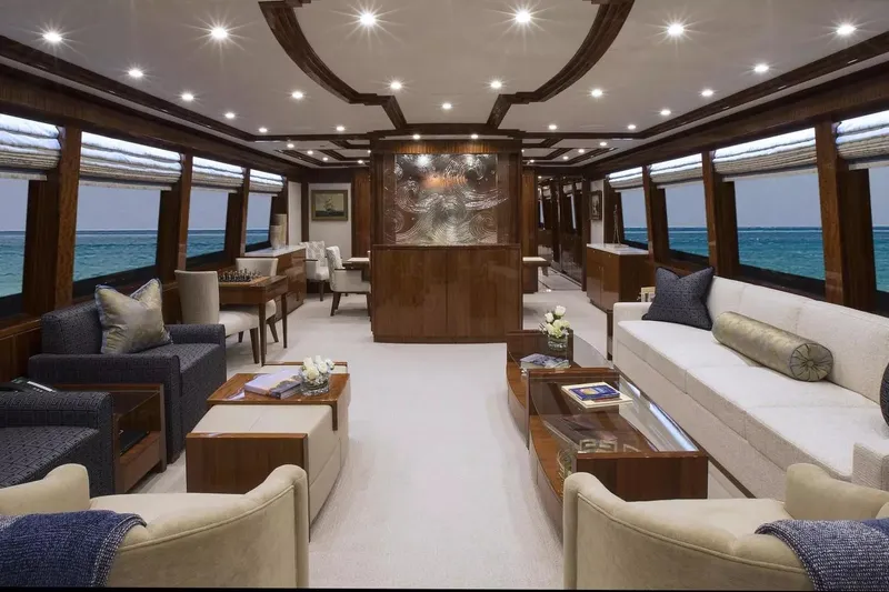 Renaissance Yacht Photos Pics Luxurious interior of 2016 Hargrave Raised Pilothouse yacht with elegant seating and ocean views.