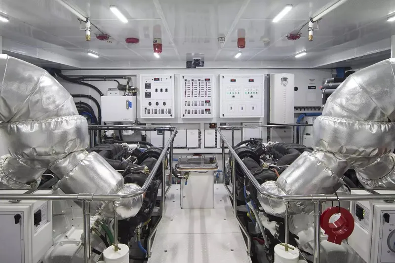 Renaissance Yacht Photos Pics Engine room of 2016 Hargrave Raised Pilothouse yacht, featuring advanced machinery and control panels.