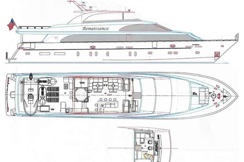 Renaissance Yacht Photos Pics Blueprint of 2016 Hargrave Raised Pilothouse yacht, side and top views.