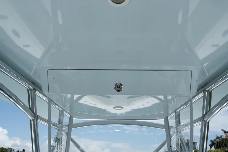  Yacht Photos Pics 2017 SeaVee Z39 boat interior ceiling with sleek design and stainless steel supports.