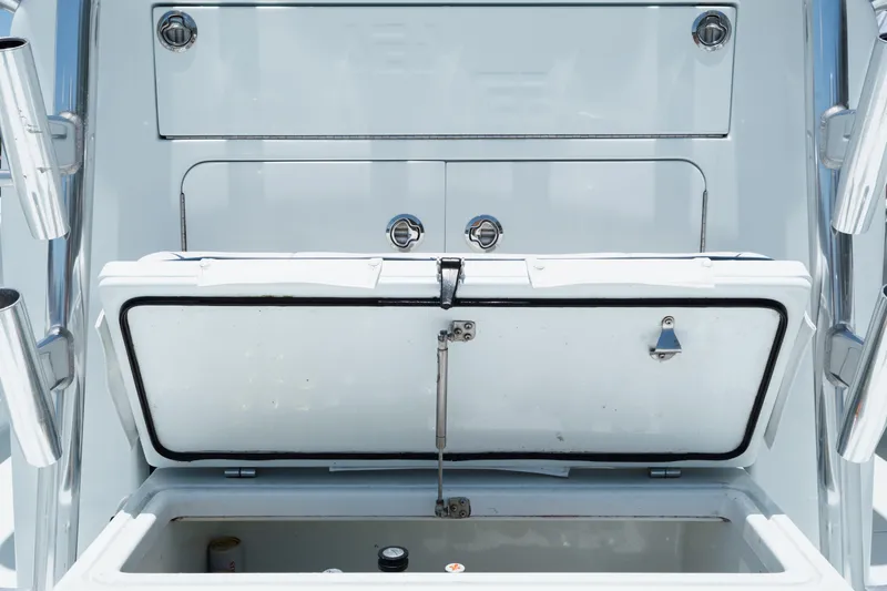  Yacht Photos Pics 2017 SeaVee Z39 boat storage compartment with open lid, showcasing interior space.