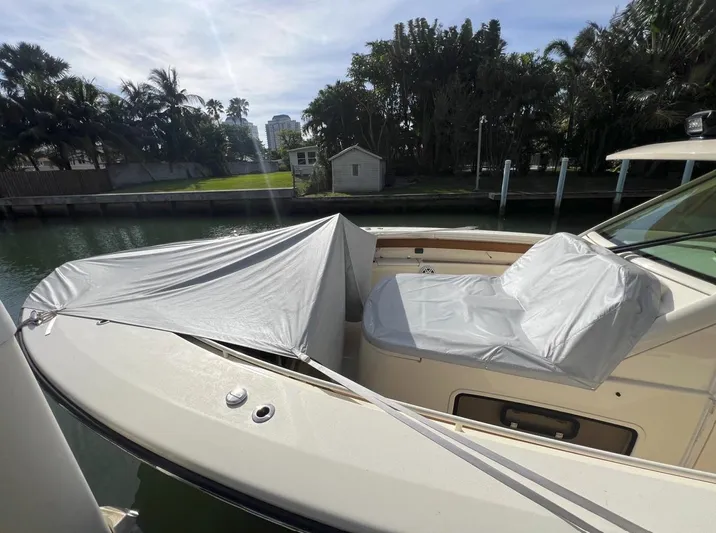 Zooropa Yacht Photos Pics 2016 Scout 420 LXF boat with covered seating area, docked near lush greenery.