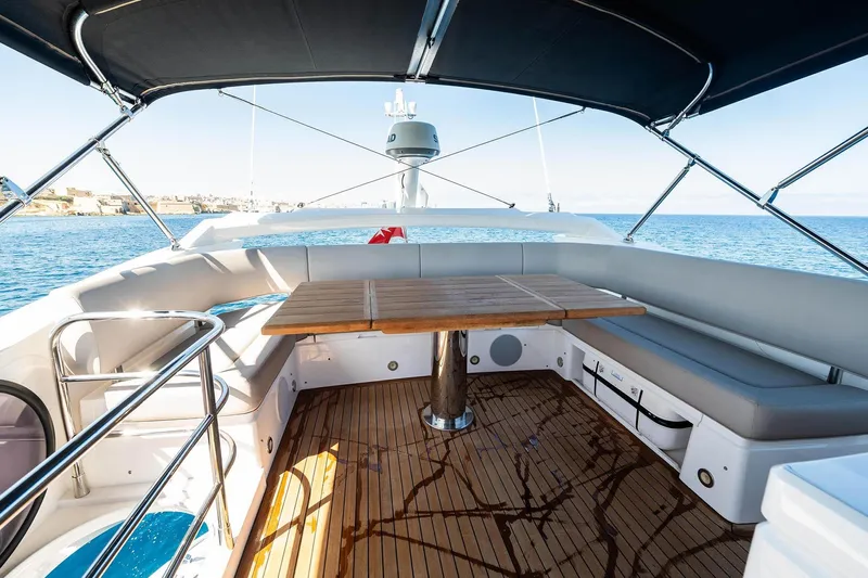  Yacht Photos Pics Luxurious Sunseeker Manhattan 52 yacht deck with seating and table, 2020 model.
