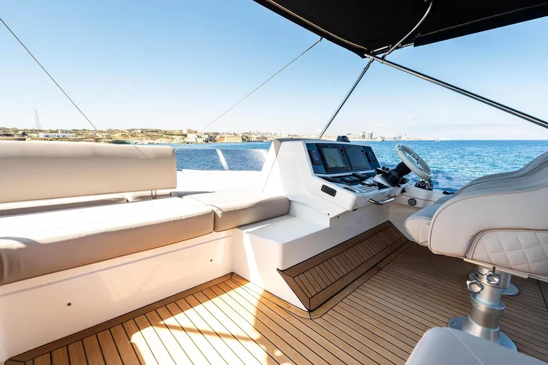  Yacht Photos Pics Luxurious Sunseeker Manhattan 52 yacht helm with ocean view, 2020 model.