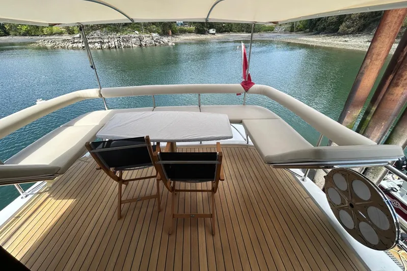  Yacht Photos Pics 2020 Maritimo M64 yacht deck with seating, table, and scenic water view.