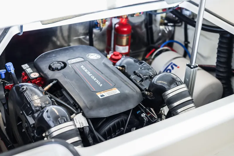 Tarini Yacht Photos Pics 2020 Regal 28 Express engine compartment featuring a Volvo Penta engine.
