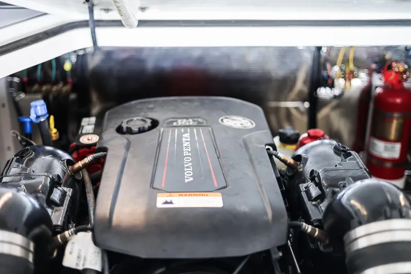Tarini Yacht Photos Pics Volvo Penta engine in 2020 Regal 28 Express boat, detailed view.