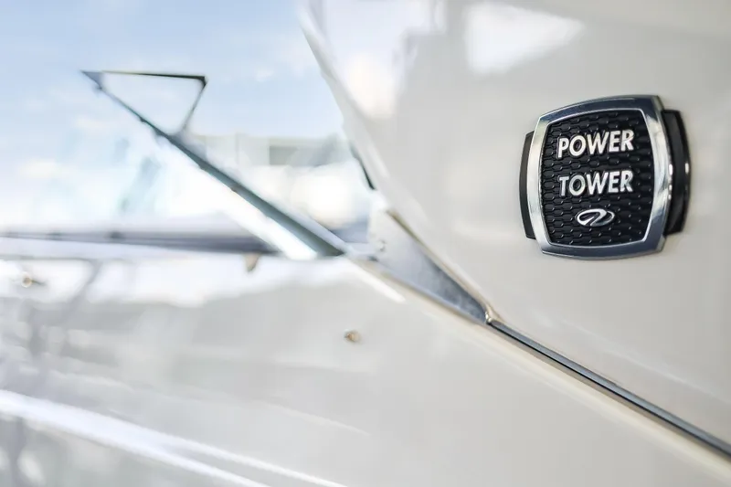 Tarini Yacht Photos Pics 2020 Regal 28 Express boat with Power Tower emblem, close-up view.