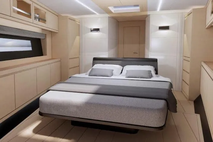  Yacht Photos Pics Luxurious bedroom interior of 2026 Ice Yachts 80, featuring modern design and elegant furnishings.